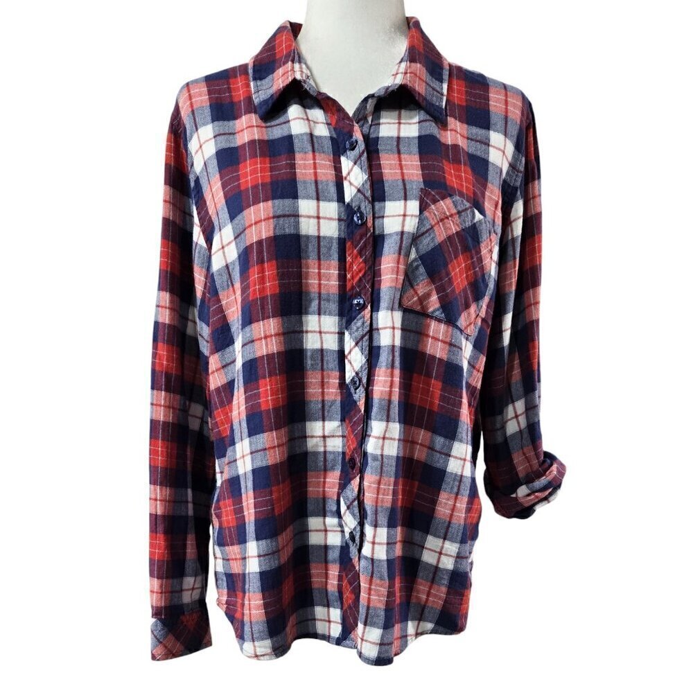 Market & Spruce Red White Blue Plaid Flannel Roll Tab Sleeve Shirt Americana